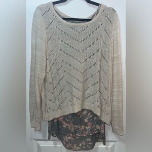 APT 9 Tan Long Sleeved Knit Sweater with Attached Flower Under Blouse